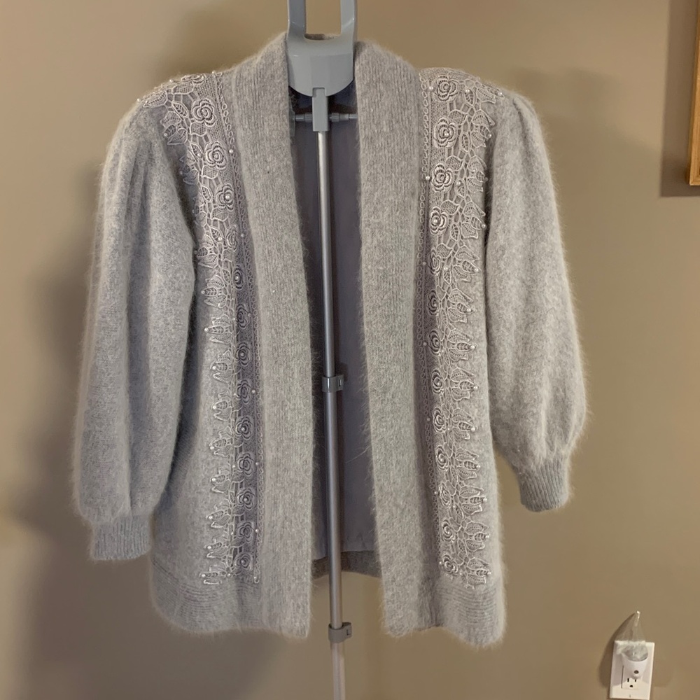 Vintage Angora Knitted Jacket Gray with Lace and Pearls Women's Size Large